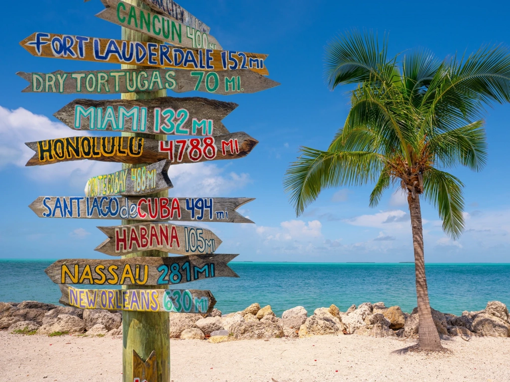 Colorful wooden directional signpost on a sandy beach next to a palm tree and turquoise ocean in Key West.