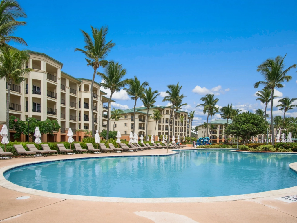 A large swimming pool at Ritz Carlton St Thomas, surrounded by palm trees and lounge chairs near a resort with balconies.