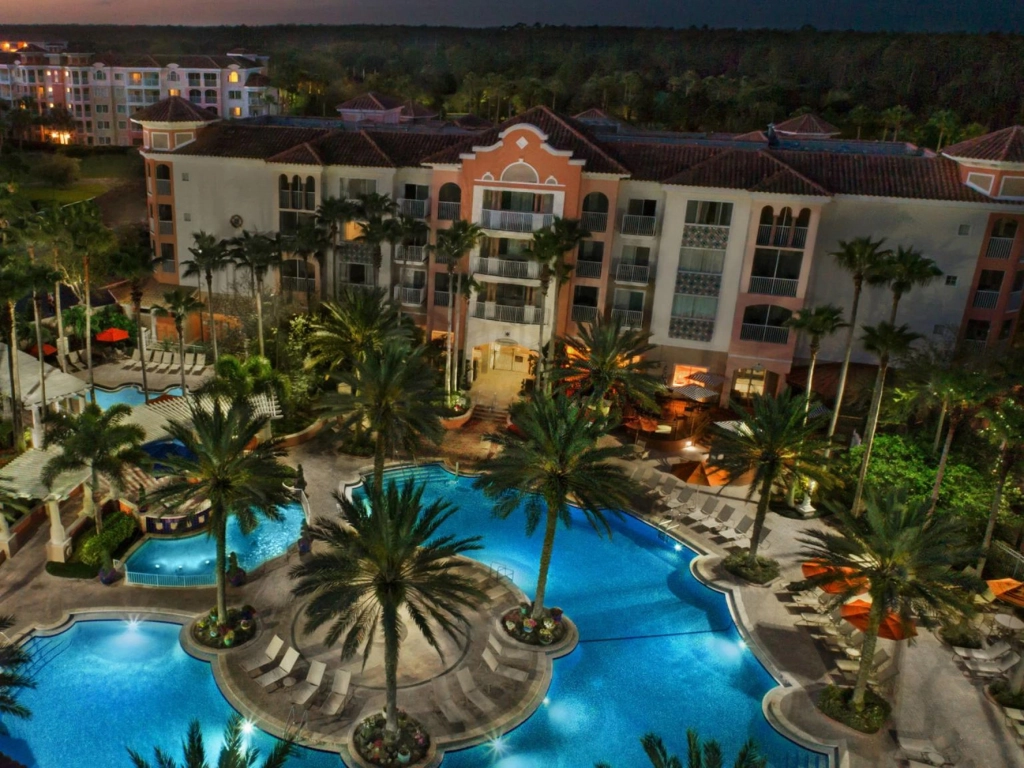 Nighttime view of the pool at Marriott's Grande Vista, an option for a timeshare deedback.