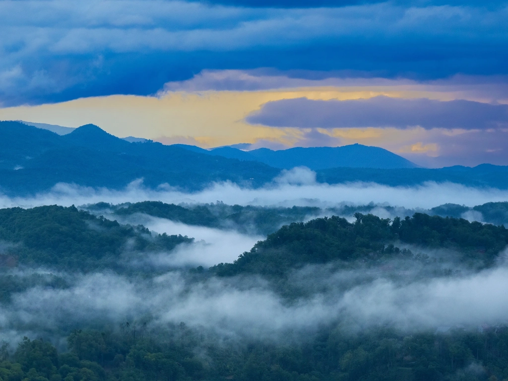 Fog rolls through the lush, forested peaks of the Great Smoky Mountains at dawn.
