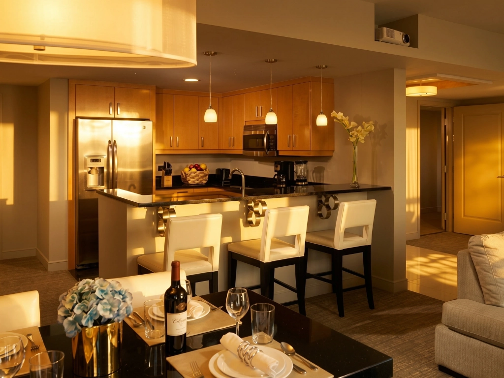 Modern kitchen and dining area in a suite featured in elara las vegas reviews.