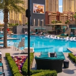 Large resort pool deck and lounge chairs, a top feature in elara las vegas reviews.