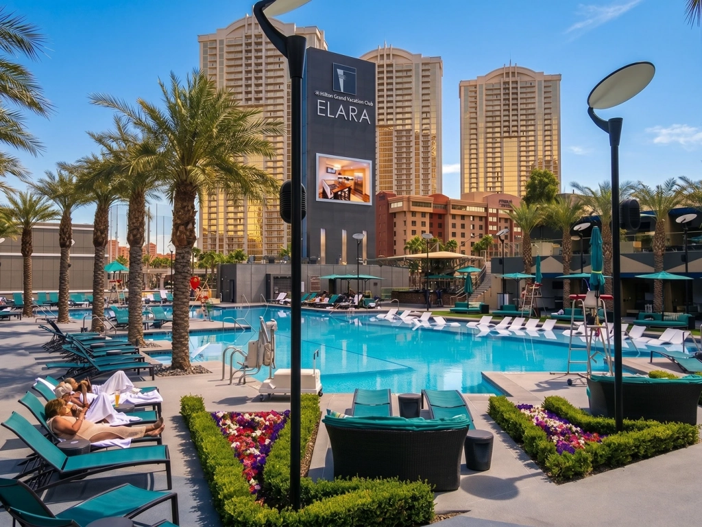 Large resort pool deck and lounge chairs, a top feature in elara las vegas reviews.