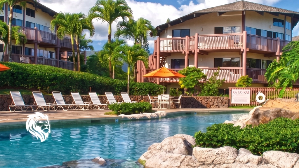 Tropical resort pool surrounded by natural rock formations, lush greenery, and patio umbrellas.