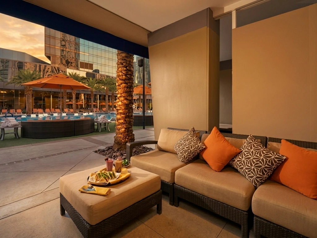 Luxury poolside cabana with plush seating