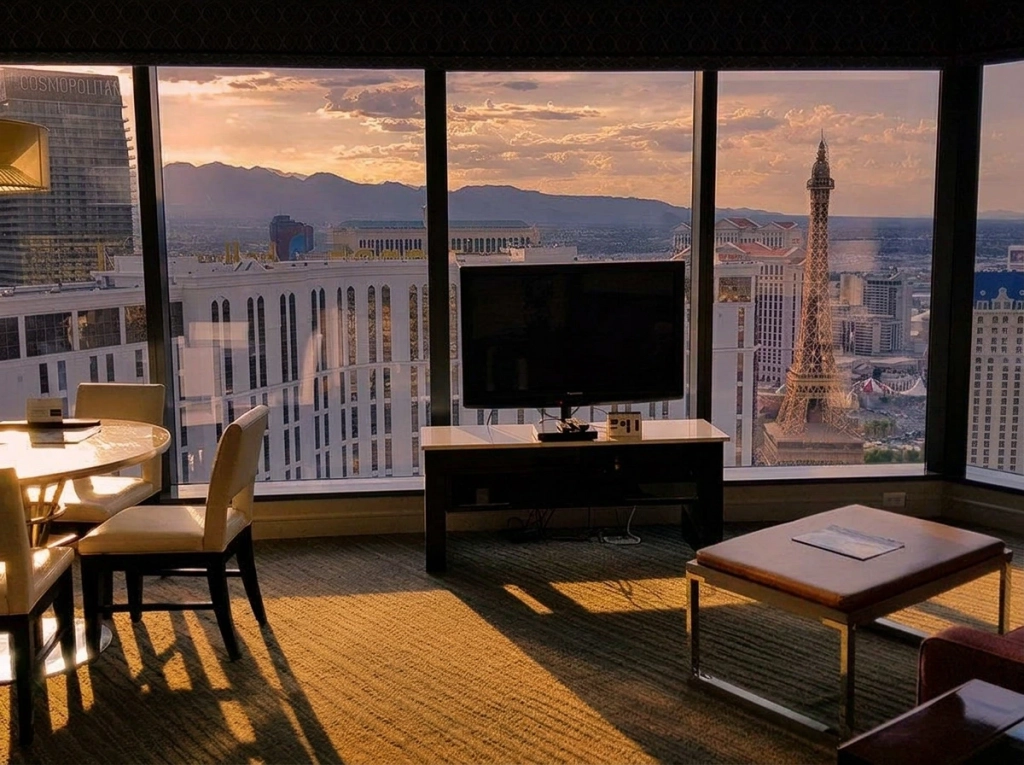 Sunset views of the Eiffel Tower and Strip