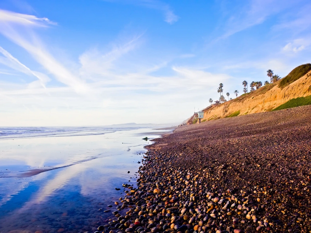 Rocky shoreline below sandstone cliffs with palm trees and a lifeguard tower.