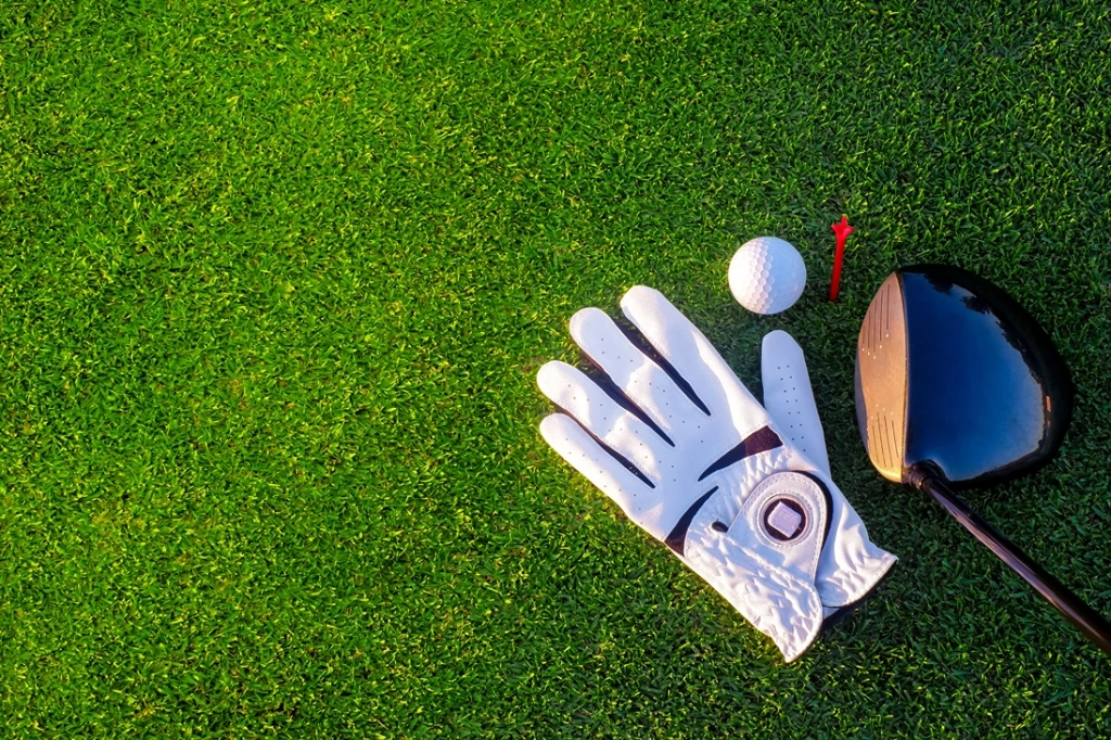 A white golf glove, golf ball, red tee, and driver club head resting on bright green grass.