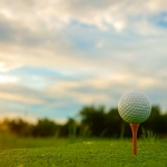 Close-up of a golf ball on a wooden tee with a blurred golf course background at sunset.