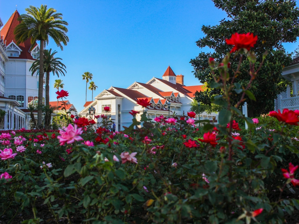 Red-roofed buildings of Disney's Grand Floridian Resort viewed behind a vibrant rose garden.