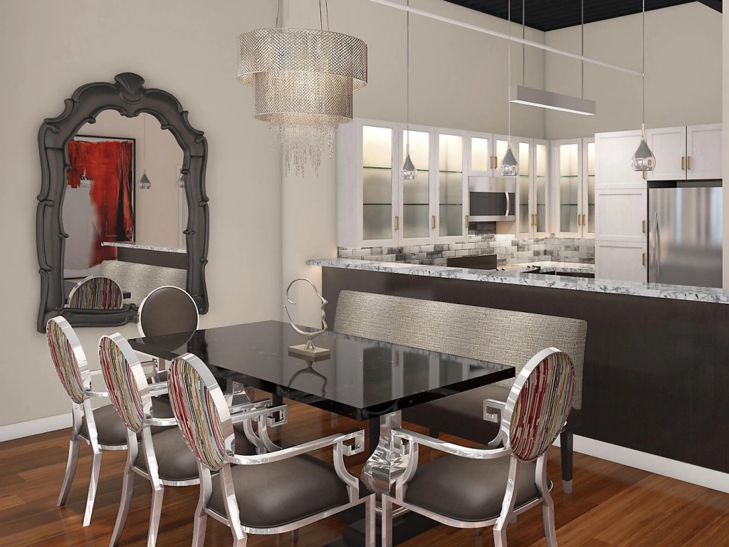 Modern dining area with a black table and chandelier in a luxury deeded timeshare at The Marquee.
