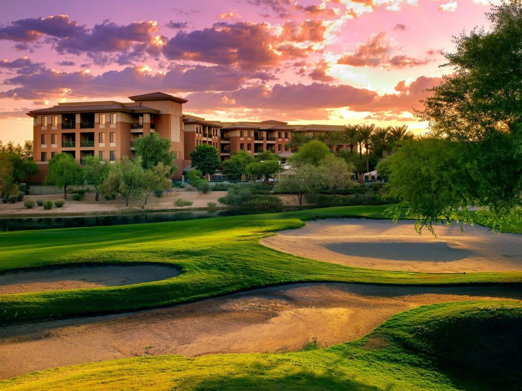 Sunset over a golf course at The Westin Kierland Villas, a top spot for the best golf trips in the US.